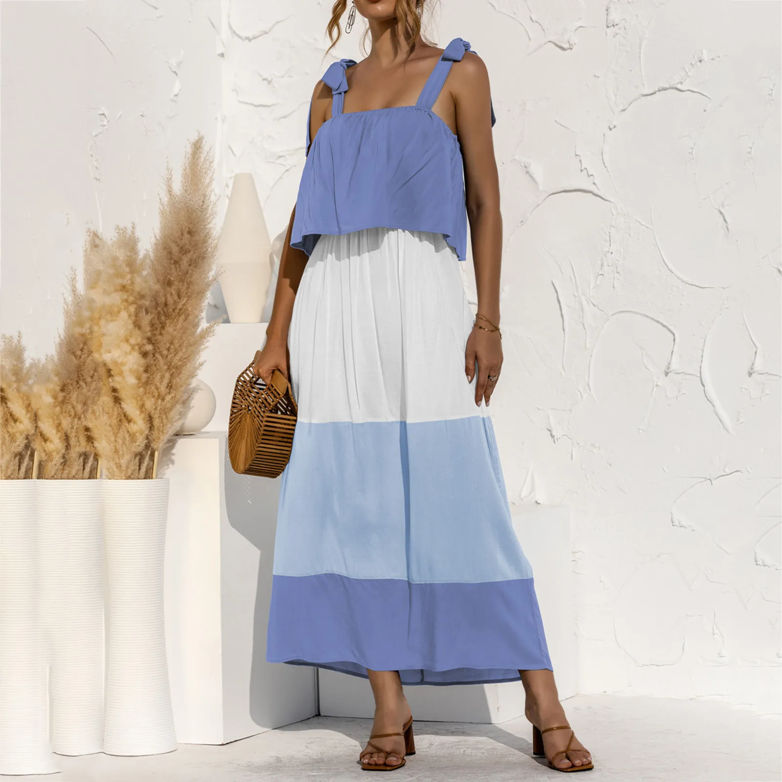 

2021 Women's Fashion Summer Casual Contrast Patching Spaghetti Strap Bandage Hawaiian Beach Style Sleeveless Comfortable Dress