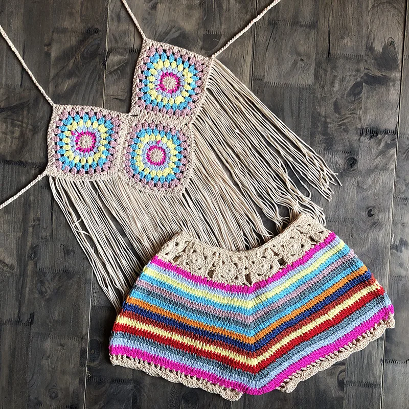 HotCrochet кисточкой комплект бикини вязаный купальник с лямкой на шее бюстгальтер