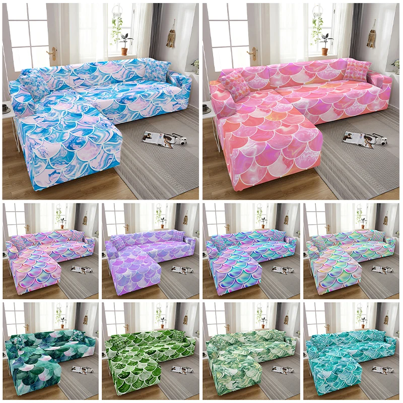 Mermaid Scales Printed Slipcover Elastic Sofa Cover For Living Room L-Shaped Corner Sofa Couch Cover Armchair Cover 1/2/3/4-Seat