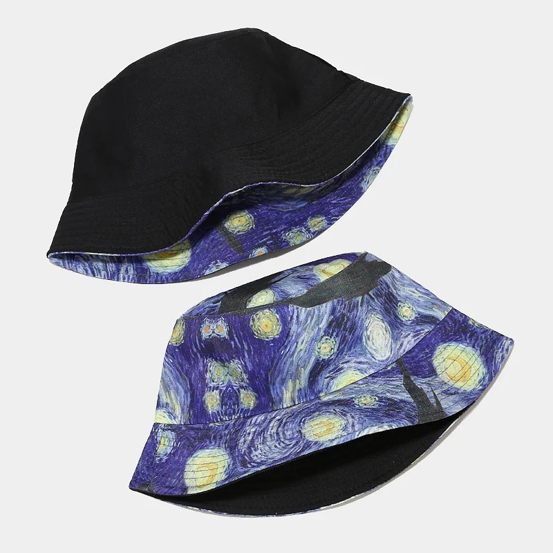 

2021 New Fashion Starry Night Painting Fisherman Hat Harajuku Reversible Bucket Hats For Women Men Hip Hop Bob Gorro Fishing Cap