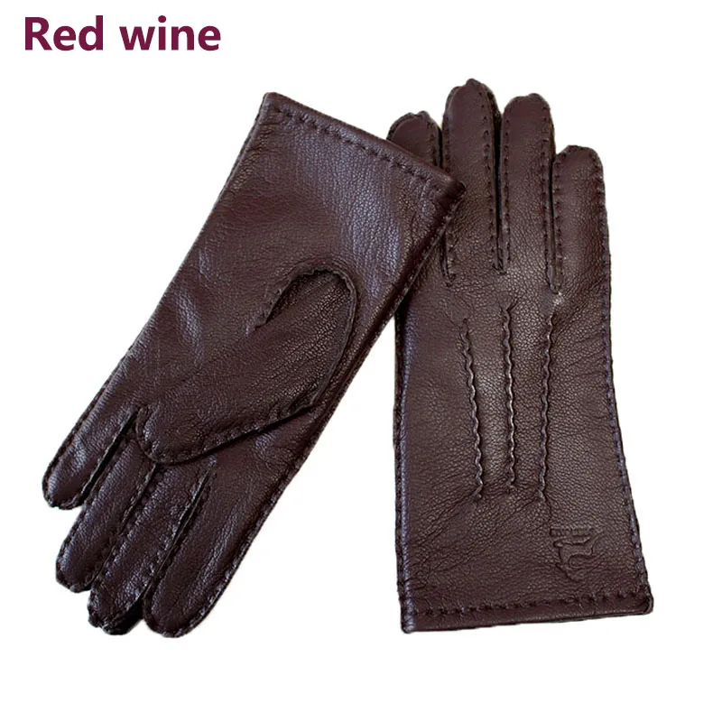 

Deerskin gloves women's thin wool lining hand-stitched autumn warm outdoor travel black ladies driving leather gloves