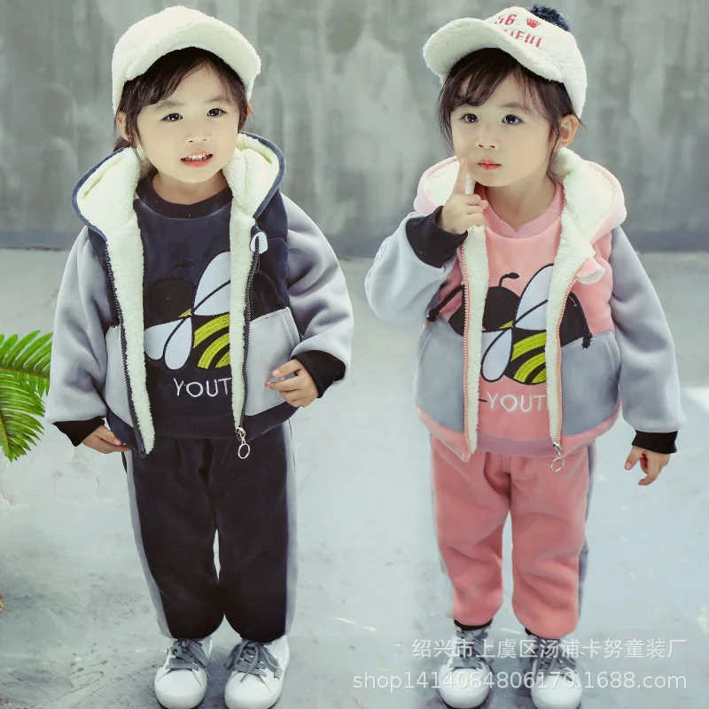 Baby Boys Girls Warm Set Winter Cartoon cat Kids Thickening Hooded Vest+Sweater+Pant Three-piece Sport Suits Children Clothing
