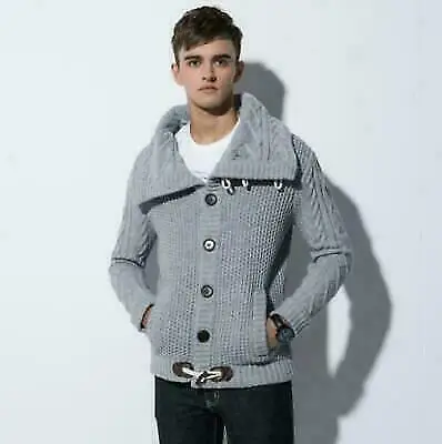 New Mens Collared Cardigan Sweater Shawl Warm Knitted Jumper Toggle Duffle Out | Мужская одежда