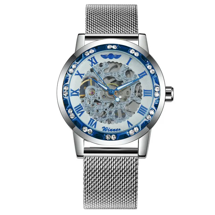 SILVER BLUE WHITE WINNER роскошные женские механические часы, часы с скелетом, мужские Ультра тонкие сетчатые часы с ремешком, элегантные деловые часы унисекс, пара часов - Цвет: SILVER BLUE WHITE