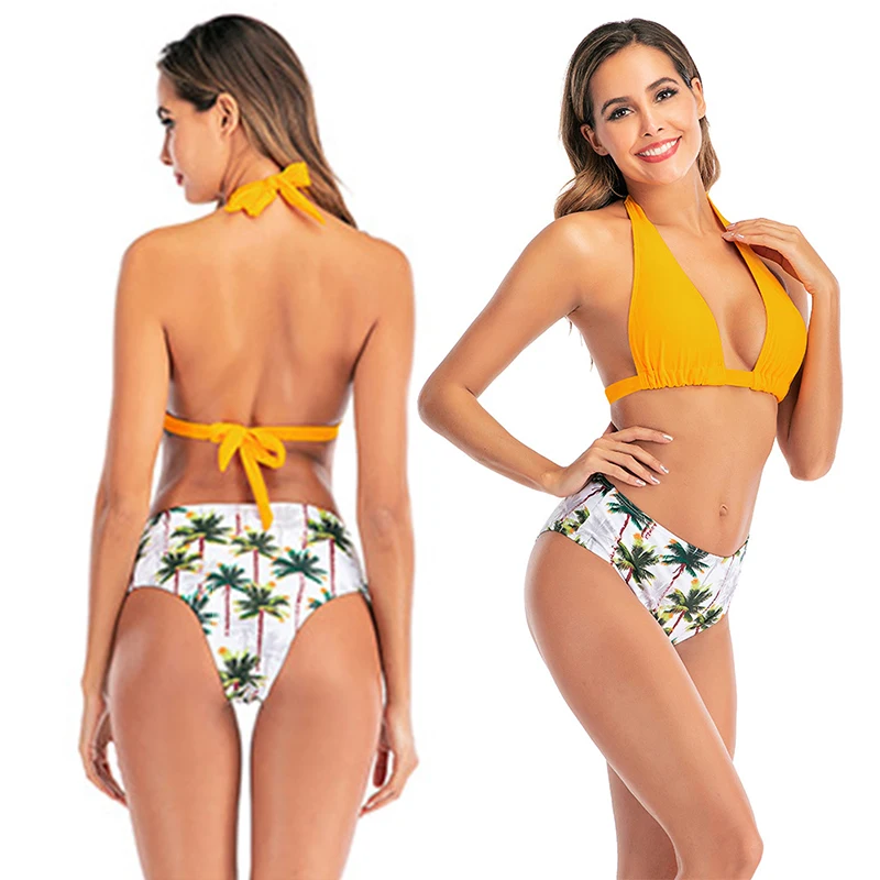 Новый Модный женский купальник с высокой талией зеленым принтом в горошек и