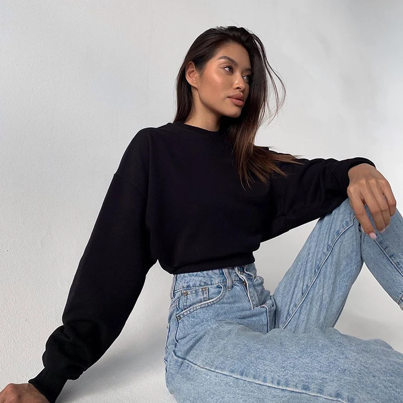

2020 Streetwear Solid Color Sweatshirts Women Autumn Fashion Loose Cropped Tops Casual Outfits Hoodies