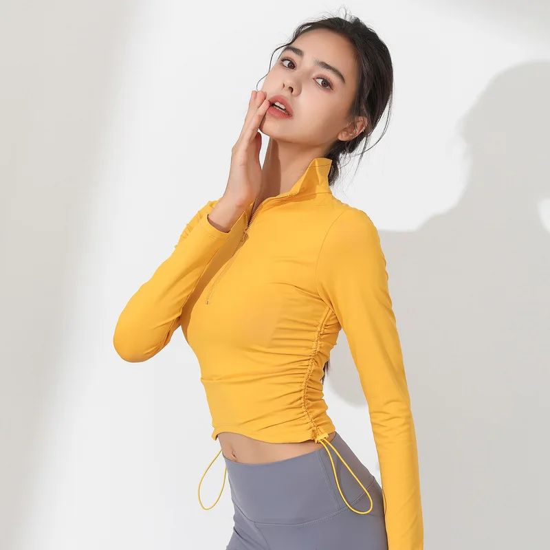 

Autumn Women Sport Shirt Zipper Collar Drawstring Yoga Tops Long Sleeve Running T-Shirts Elastic Slim Gym Fitness Crop Top Femme