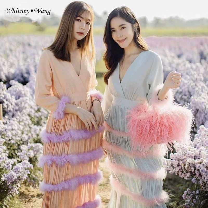 WHITNEY WANG 2020 Весенняя мода уличная одежда перья пэчворк с рюшами плиссированное