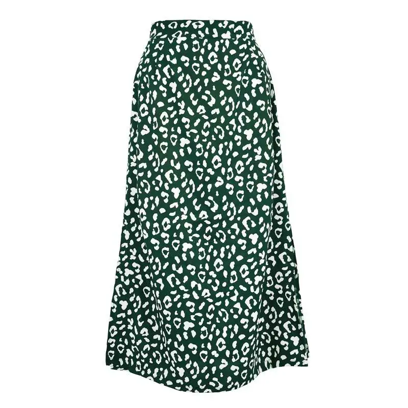 

2020 Summer Leopard Skirt Women A Line Skirt Ladies Chiffon Long Skirt Women High Waist Green Leopard Print Skirt Female