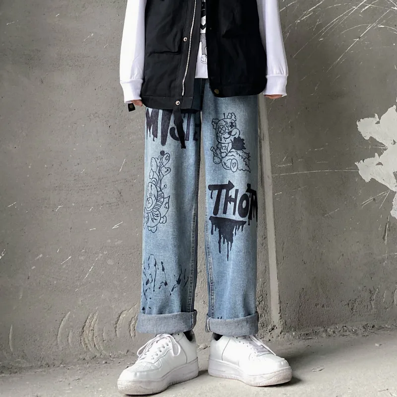 

SHENGPALAE Women High-waist Jeans Korean Style Fashion Harajuku Style Graffiti Straight Loose Wide-leg Trendy Denim Pants ZT812
