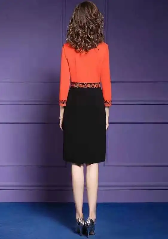 

3XL 2XL Dress Vestidos De Fiesta 2020 Spring Blue Orange Dress Women O-Neck Lurex Embroidery 3/4 Sleeve Party Knee Length Dress