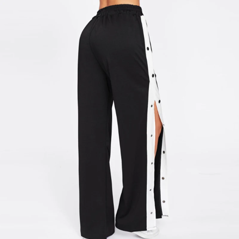 

Luck A Women Autumn Striped Wide Leg Pants Elastic High Waist Split Hit Color Loose Casual Trousers Sport Pants