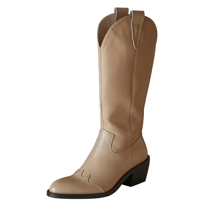 

2020 New Genuine Leather Pointed Riding Boots V Tube Patchwork Women Shoes Crude Heel Handsome Equestrian Long Boots Fall Winter