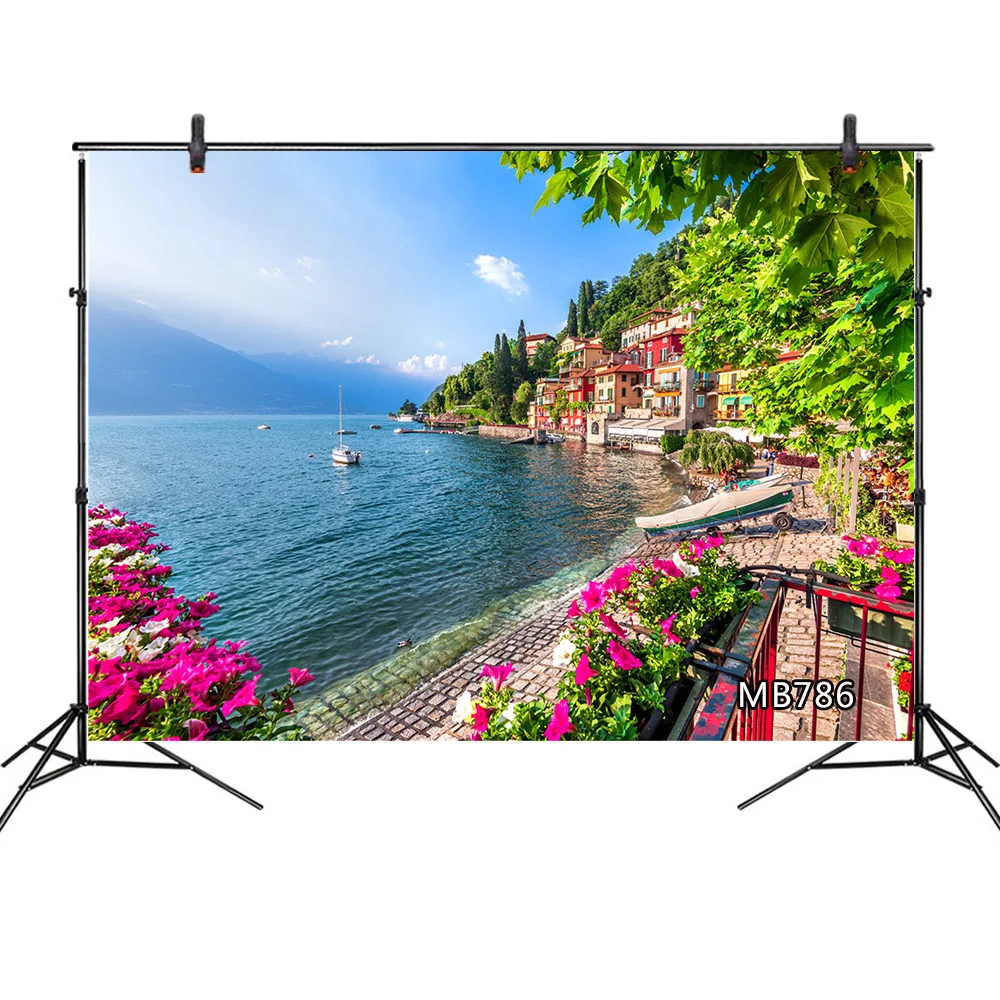 

Europe Natural Scenery Photography Backdrop Beautiful Lakeside Landscape Country Town Photo Background Studio Photography Props