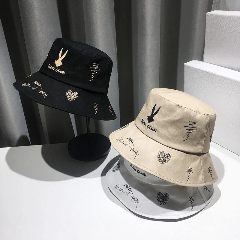 

Black White Embroidery Rabbit Pattern Bucket Hat Caps Hip Hop Men Women Summer UV Cap Beach Sun Fisherman Panama Hat