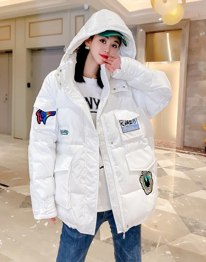2022 New Glossy Black Red Pocket Street Style Thick With Loose Hooded Jacket Winter Warm Women Waterproof Parka Snow Coats