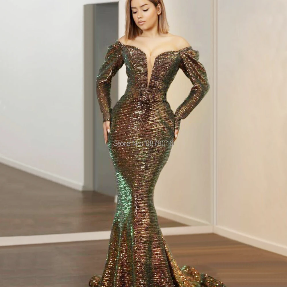 2019 от кутюр блестящее вечернее платье русалки с вырезом лодочкой длинными