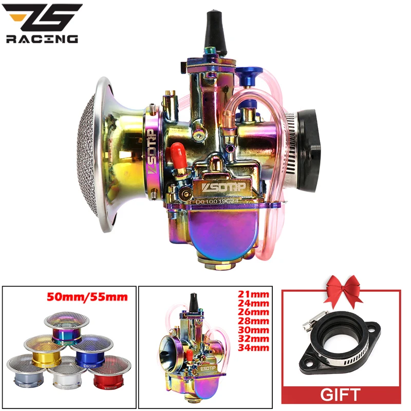 ZS Racing Motorcycle Color Carburetor + Adapter Air Filter With Mesh For PWK 21 24 26 28 30 34mm 50-250cc Engine 4 Stroke Moto | Автомобили