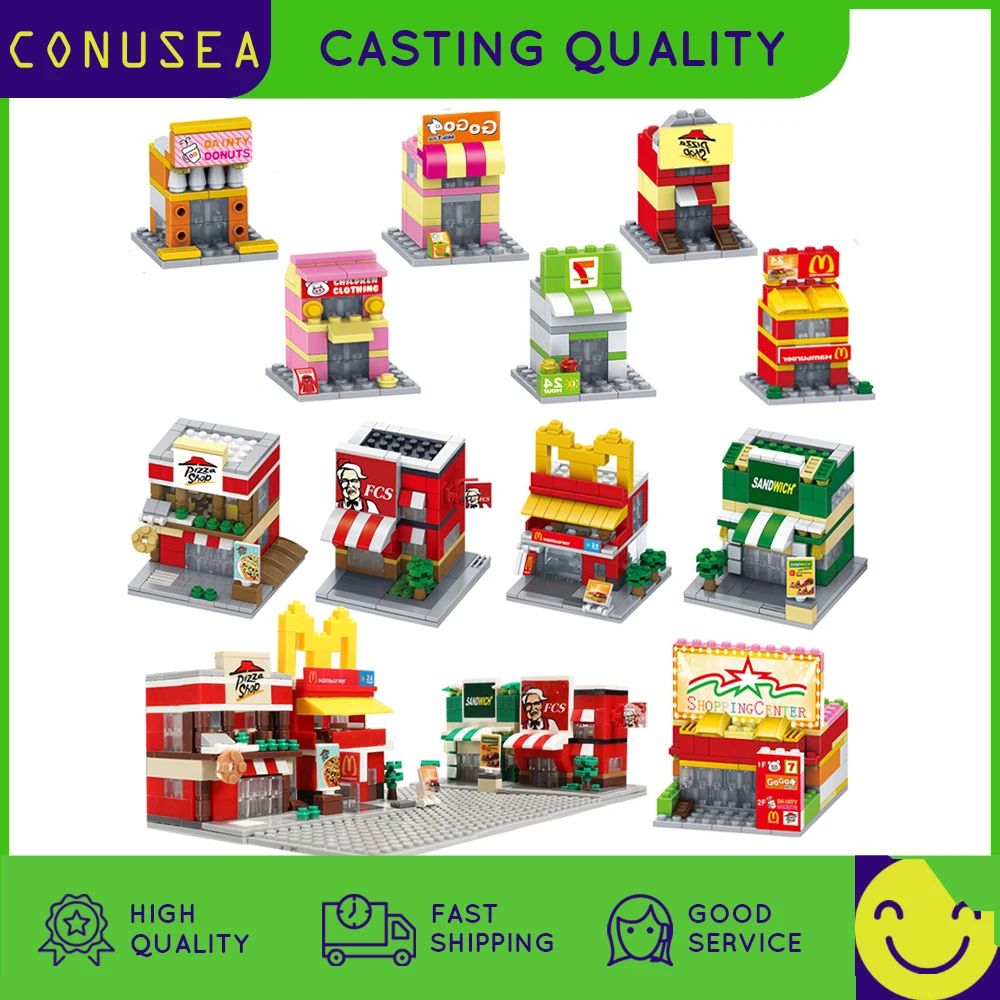 

4Pcs/Set Architecture Modular Residential House Food street 3D Model Miniature Landscape Particle Building Bricks Toys for Boys