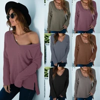womens fall solid color v neck slit pocket knit sweater