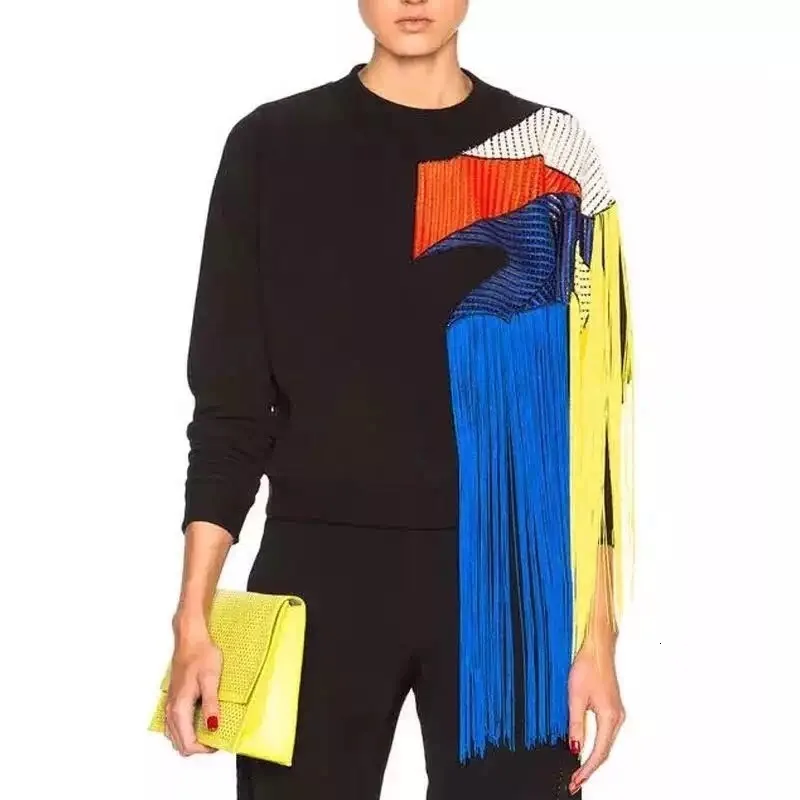 

Korea 2020 Autumn Winter streetwear New Europe Rainbow Tassel Patchwork Mesh Plus Down Thick Women's Sweatshirt Tops A479