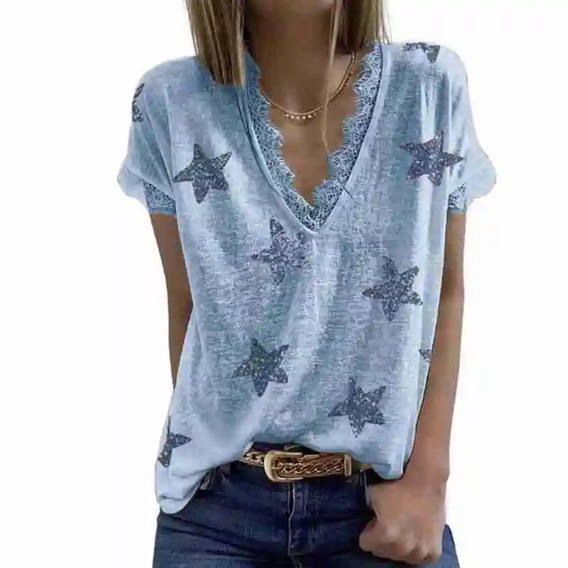 

Summer Tops Plus Size Wosummer Tops Plus Size Women Sleeve Tee Lace Neck V Fashion Short Shirt T Patchwork Star Printed Shi W0E0