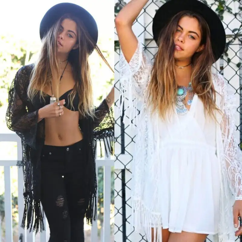 Сексуальные летние Женские однотонные кружевные черно белые кардиганы с