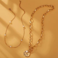 creative pearl double layer alloy clavicle chain necklace women jewelry 2021