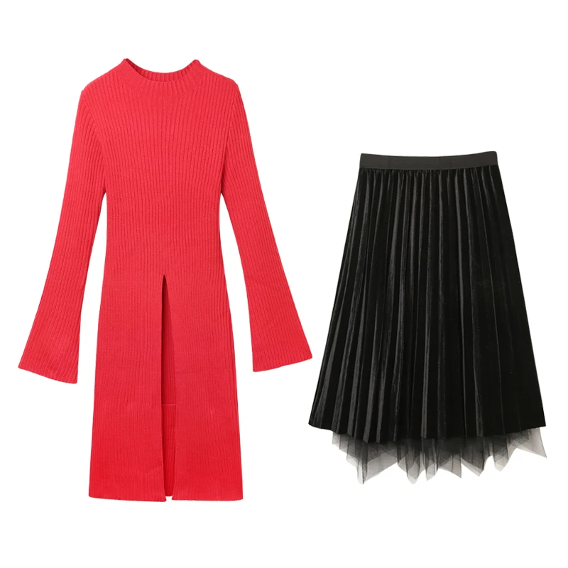 Модное женское трикотажное платье новинка женский красный свитер и сетчатая