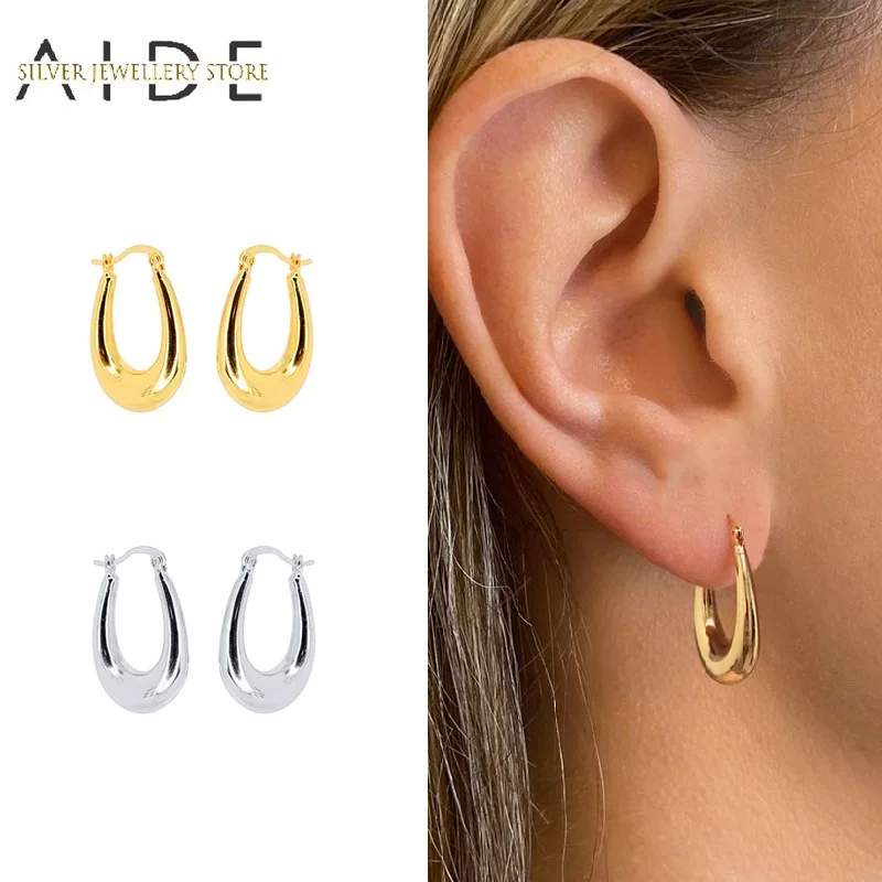 

AIDE French Oval Waterdrop Hoop Earrings For Women Fashion Glossy U Shape Piercing Huggie Earings Jewelry pendientes plata 925