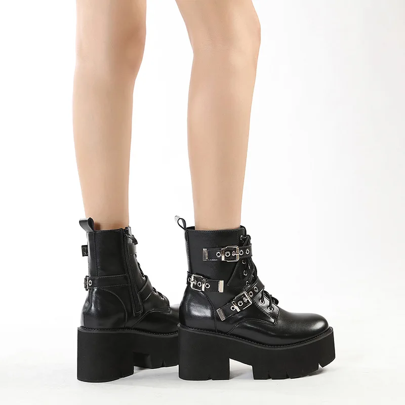 New Fashion Belt Buckle Ankle Boots Female Round Toe Thick Sole Motorcycle Boots Chunky Heel Side Zipper Women's Boots