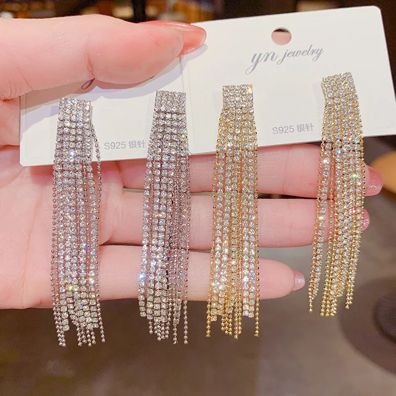 

Personality Exaggerated Super Flash Full Diamond Long Tassel S Needle 14K Real Gold Stud Earrings for Women
