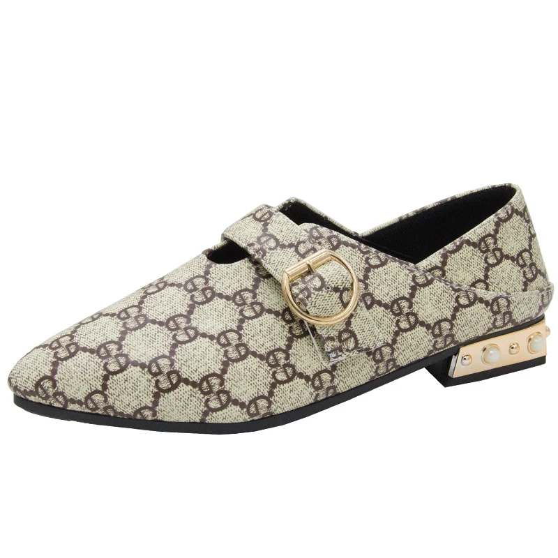 2020 Spring New Ladies High Quality Flats Printed Pointed Toe Women Loafers Party Office Fashion Metal Buckle Casual Shoes |