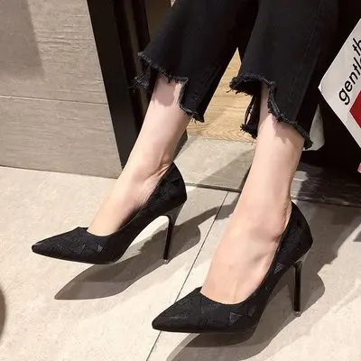 

2021 autumn new high heels stiletto pointed toe plaid fabric fashion with heel shoes