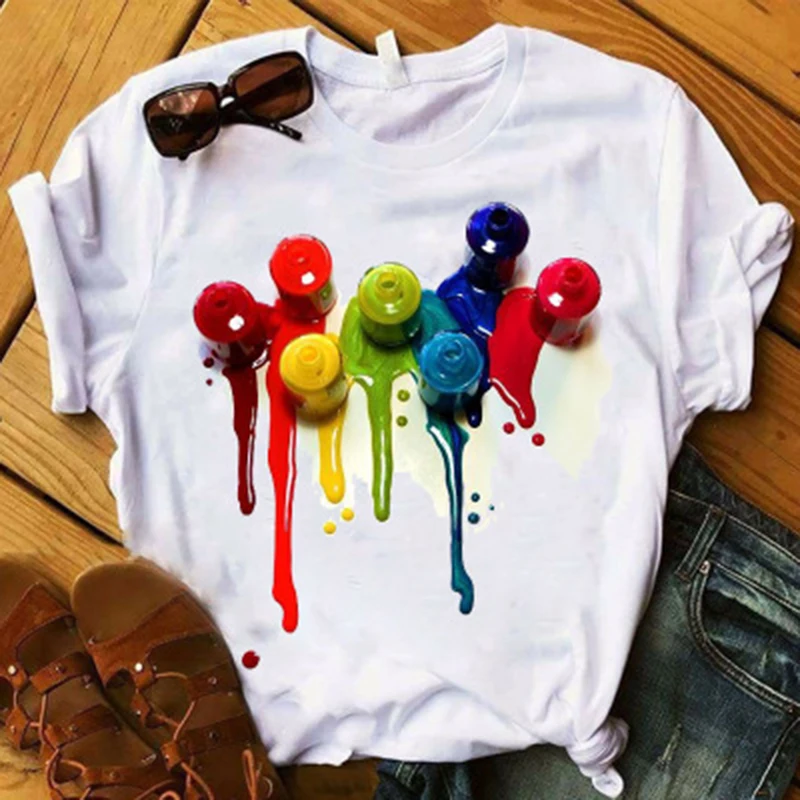 

2021 Women's Soft Modal O-neck Short Sleeve Watercolor Nail Polish Print T-shirt Summer T-shirt Top Casual T-shirt S-3XL