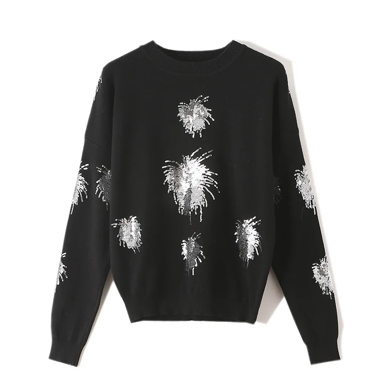 Женский трикотажный свитер с блестками Черный Повседневный пуловер вышивкой в