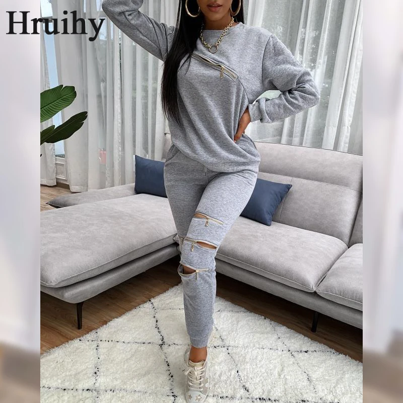 

Fashion 2 Piece Sets Womens Outfits Solid Long Sleeve Sweatshirt Woman Pants Zipper Decorated Hole Knit Autumn Sets for Women