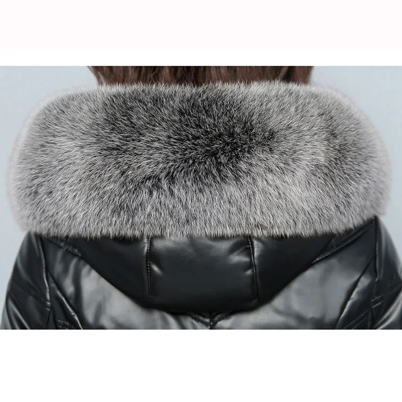Women Sheep Leather Down Coat Winter Fashion Warm Hooded Real Fox Fur Collar Slim Sheepskin Leather Down Overcoat Female
