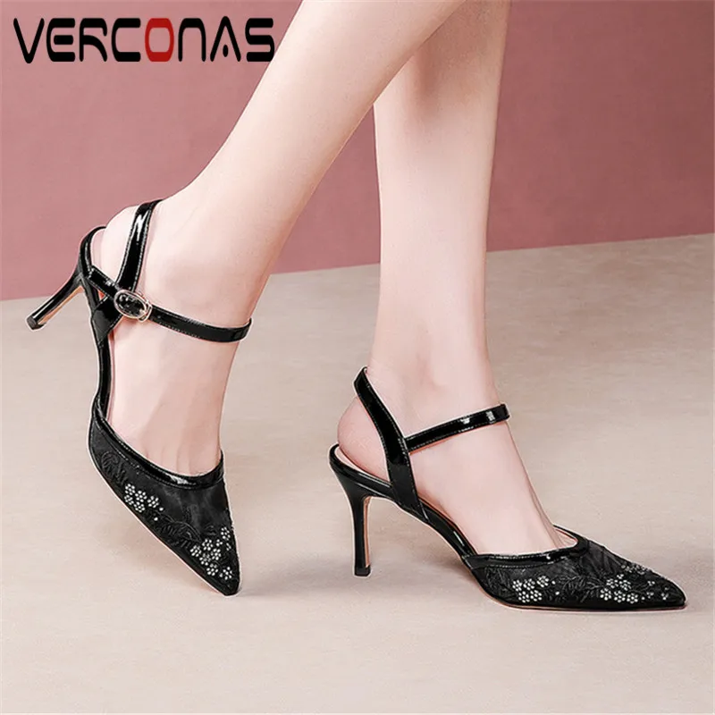 

VERCONAS 2021 Модные женские сандалии женские туфли-лодочки классический дизайн натуральная кожа стразы заостренный носок тонкий высокий каблук...
