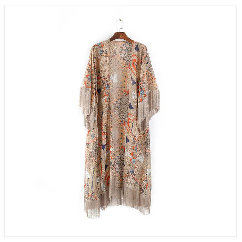 

New Women Summer Swimsuit Bikini Cover Up Sexy Beach Cover Up Chiffon Print Kimono Long Blouse Elegant Tassel Beach Bathing Suit