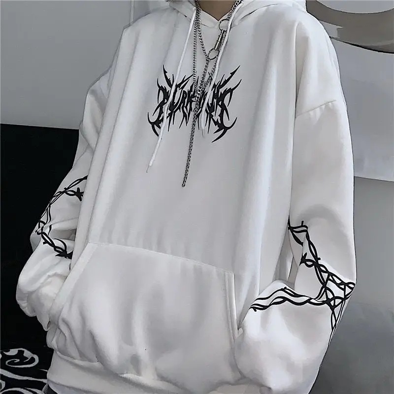 

Casual Black Women Loose Sweatshirts Autumn Long Sleeve Harajuku Flame Hoodie Streetwear Winter Oversized Rock Tops Hoody Femme