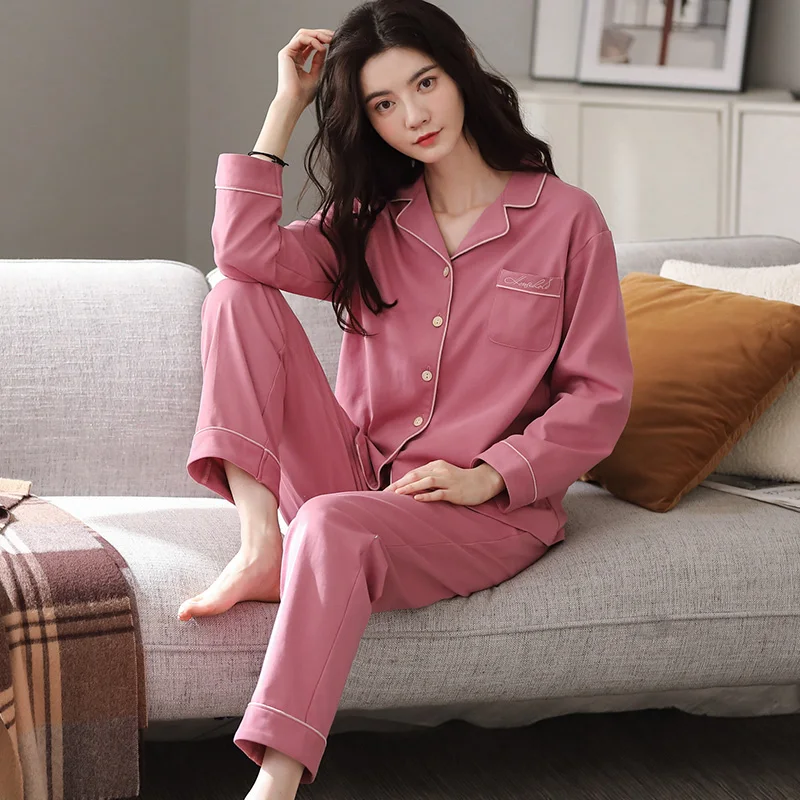 

Пижама женская весенне-летняя Кардиган с длинным рукавом костюм для студентов пурпурно-Красного цвета Верхняя одежда из чистого хлопка в К...