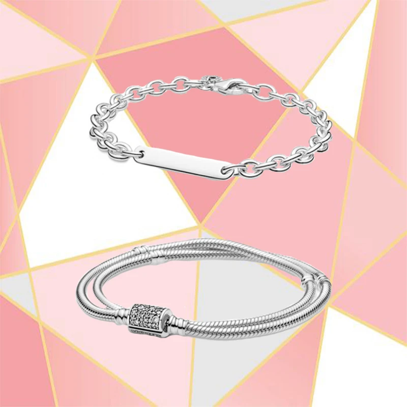 

2021 High-quality New S925 Sterling Silver 1:1 Double-pack Bucket Buckle, Engravable Bar Bracelet, Feminine Fashion Jewelry