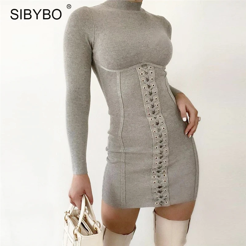 Женское облегающее платье SIBYBO черное с круглым вырезом и длинными рукавами