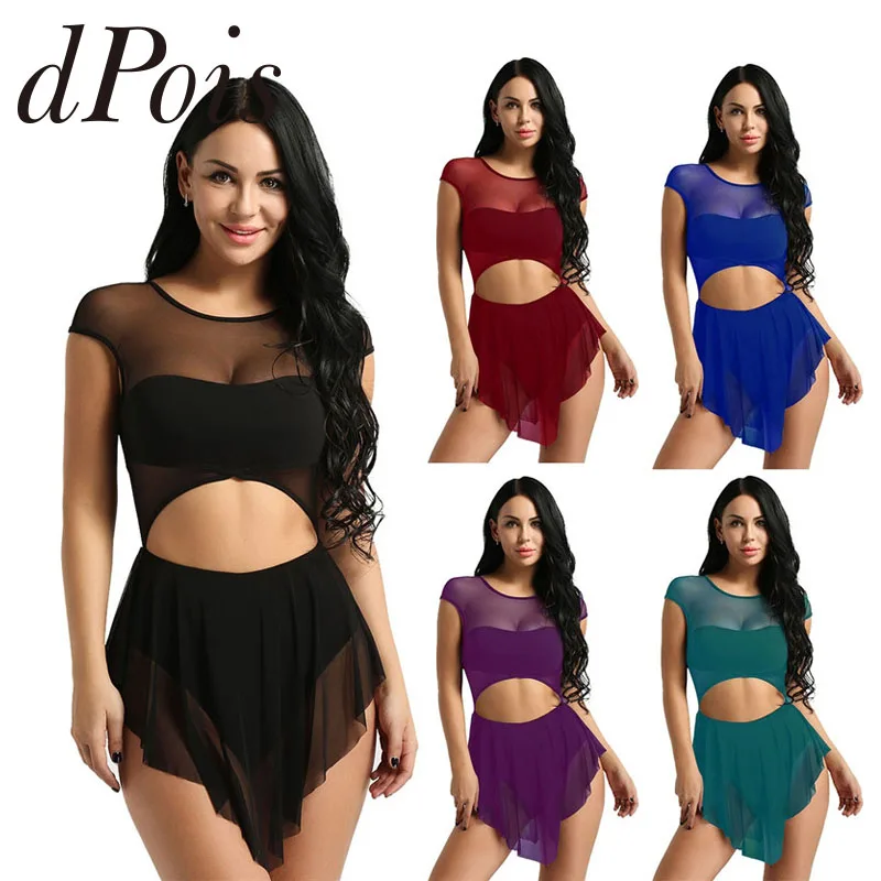 DPOIS Women Dance Dress Sleeveless Round Neck Ballet Leotard Latin Triangle Ruffled Hem Dresses Dance Costume Ballet Dress