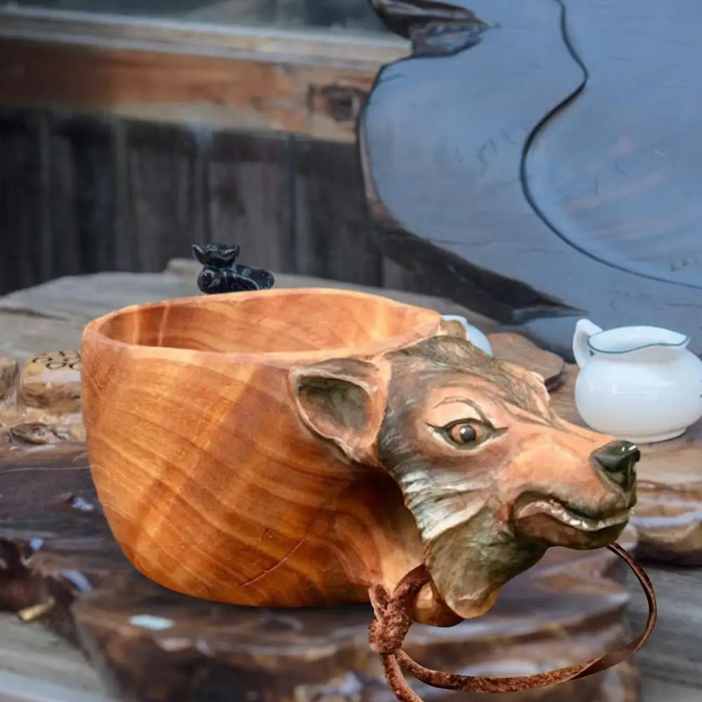 Nordic Creative Portable Kuksa Rubber Wooden Water Cup Hand Carved Animal Head Juice Milk Tea Coffee Drinking With Handle | Дом и сад