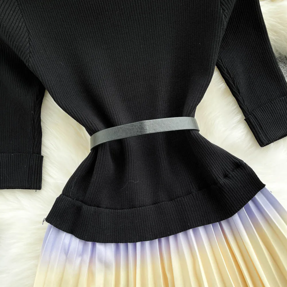 Женское трикотажное платье с ремнем элегантное плиссированное средней длины