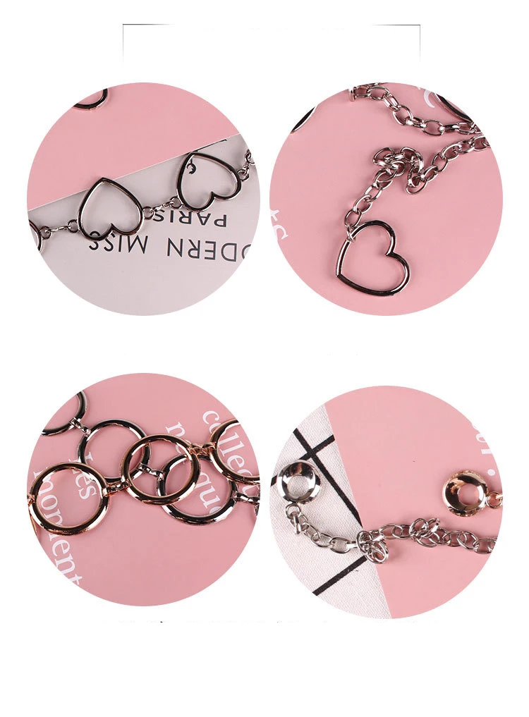 

Alloy Heart Chain Belt Women Fashion Metal Gold Narrow Chunky Fringes for Hip Adult 4cm