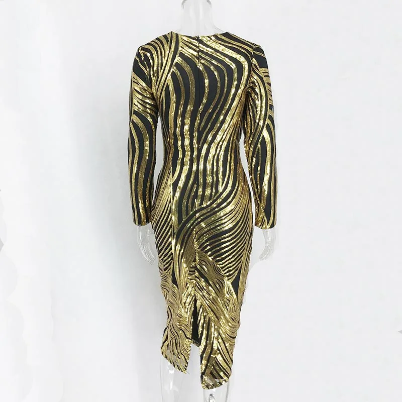 

Fashion Black gold Sequin Sheath Dress Women Sexy Dlim long sleeve Midi dress Elegant Casual Party Club night dresses Vestidos