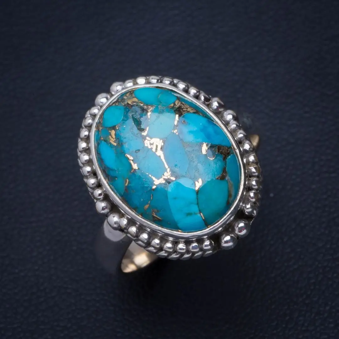 Уникальное серебряное кольцо 9 B1121 ручной работы из Натуральной Бирюзы с узором в